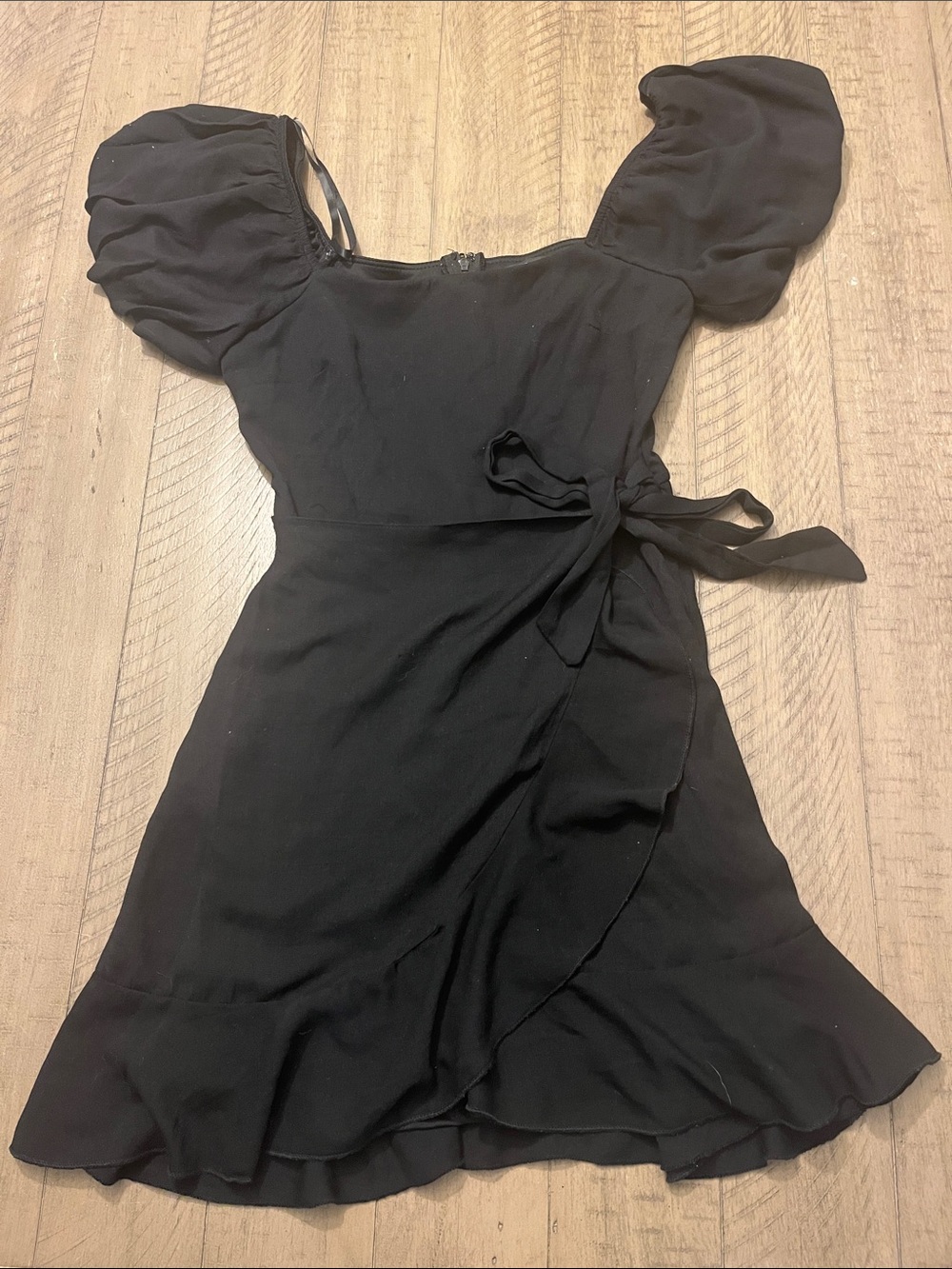 Trixxi Black Puff-Sleeve Wrap Mini Dress